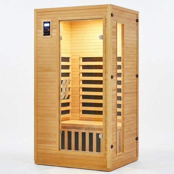 2024 Upgrade 1 to 2 Person Infrared Sauna, Low EMF Infrared Sauna for Home, Indoor Sauna Room, Hemlock Wooden Far Infrared Sauna, Dry Sauna with Bluetooth Speakers, LED Reading and Chromotherapy Lamp — Studio Shot