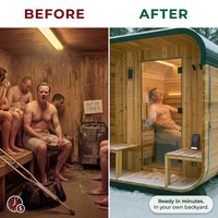 Backyard Discovery Lennon 2-4 Person Traditional Cedar Outdoor Cube Sauna with Porch, Electric Sauna Heater, Sauna Rocks, Dry Heat, Steam Sauna, LED Lights, Wi-Fi Control, Sauna Accessories — Before & After
