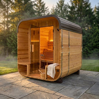 Backyard Discovery Lennon 2-4 Person Traditional Cedar Outdoor Cube Sauna with Porch, Electric Sauna Heater, Sauna Rocks, Dry Heat, Steam Sauna, LED Lights, Wi-Fi Control, Sauna Accessories — Studio Shot