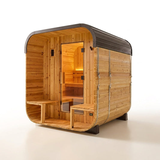 Backyard Discovery Lennon 2-4 Person Traditional Cedar Outdoor Cube Sauna with Porch, Electric Sauna Heater, Sauna Rocks, Dry Heat, Steam Sauna, LED Lights, Wi-Fi Control, Sauna Accessories — Studio Shot