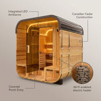 Backyard Discovery Lennon 2-4 Person Traditional Cedar Outdoor Cube Sauna with Porch, Electric Sauna Heater, Sauna Rocks, Dry Heat, Steam Sauna, LED Lights, Wi-Fi Control, Sauna Accessories — infographic