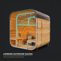 Backyard Discovery Lennon 2-4 Person Traditional Cedar Outdoor Cube Sauna with Porch, Electric Sauna Heater, Sauna Rocks, Dry Heat, Steam Sauna, LED Lights, Wi-Fi Control, Sauna Accessories — How It Works