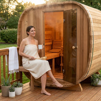 Backyard Discovery Lennon 4-6 Person Traditional Cedar Outdoor Cube Sauna with Porch, Electric Sauna Heater, Sauna Rocks, Dry Heat, Steam Sauna, LED Lights, Wi-Fi Control, Sauna Accessories — Lifestyle