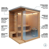 Backyard Discovery Lennon 4-6 Person Traditional Cedar Outdoor Cube Sauna with Porch, Electric Sauna Heater, Sauna Rocks, Dry Heat, Steam Sauna, LED Lights, Wi-Fi Control, Sauna Accessories — How It Works