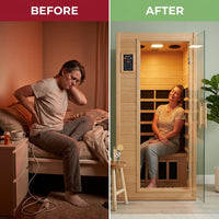 Far Infrared Sauna European Aspen Wood 1 Person Infrared Sauna for Home 905W Low EMF Mini Indoor Sauna with Bluetooth Speakers, Right Door — Before & After