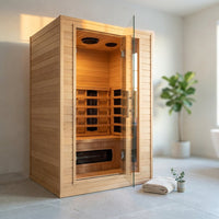 Far Infrared Sauna European Aspen Wood 1 Person Infrared Sauna for Home 905W Low EMF Mini Indoor Sauna with Bluetooth Speakers, Right Door — Studio Shot