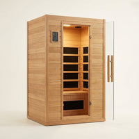 Far Infrared Sauna European Aspen Wood 1 Person Infrared Sauna for Home 905W Low EMF Mini Indoor Sauna with Bluetooth Speakers, Right Door — Studio Shot